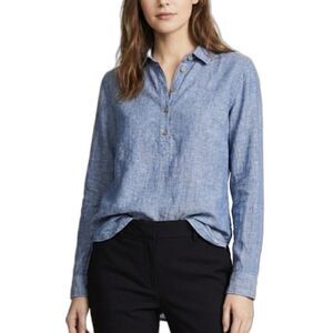 Sigrid Olsen Blue 100% Linen Collared 1/4 Button Front LS Popover Top Size S
